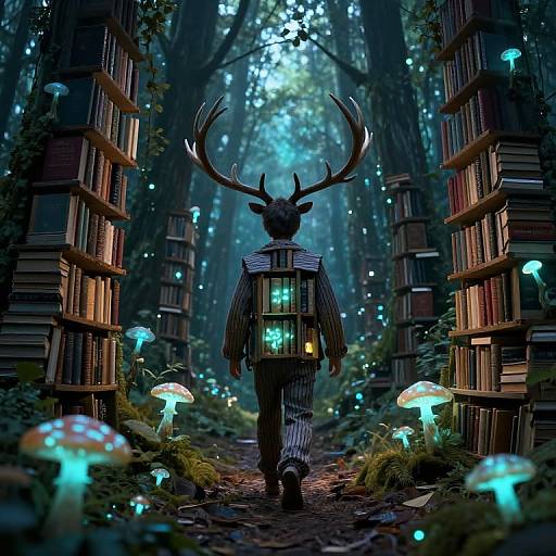 Digital illustration of a figure with deer antlers, striped suit, and lantern, walking through a glowing, enchanted forest of shelves filled with books and bi