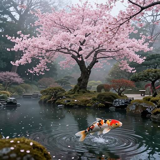 Photograph of a vibrant koi fish with orange and black patterns swimming in a serene pond beneath a blooming pink cherry blossom tree, surrounded by lush