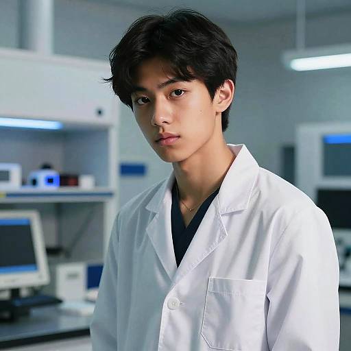 Photograph of an Asian male with short black hair, wearing a white lab coat over a black shirt, standing in a modern laboratory with blurred scientific equipment