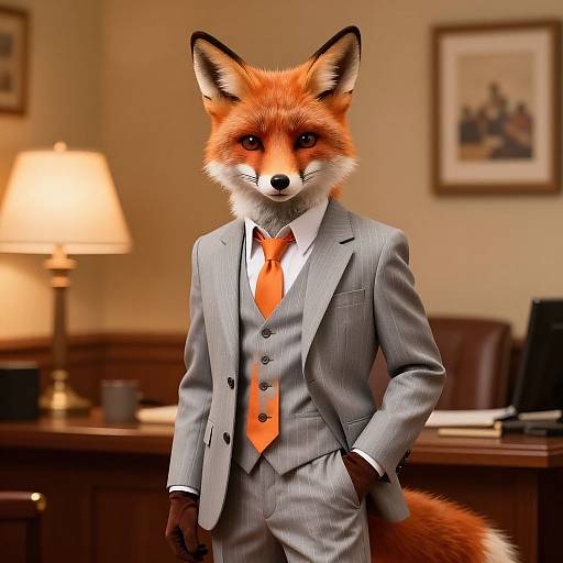 Photograph-style CGI of an anthropomorphic fox in a gray pinstripe suit, orange tie, standing in a warmly lit office.
