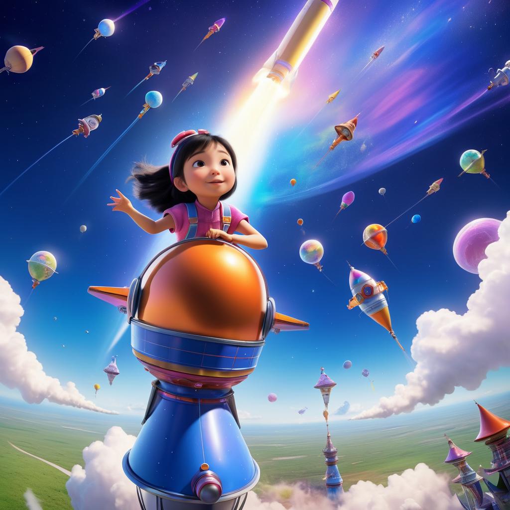 Whimsical Rocket Launch with Energetic Girl