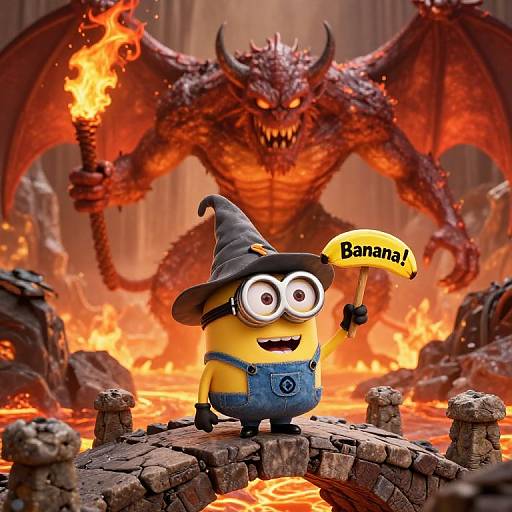 Minion Faces Balrog on Fiery Bridge