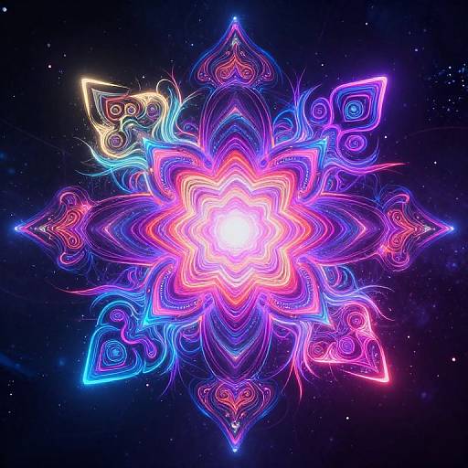 Bright, neon, symmetrical, digital mandala with vibrant pink, blue, purple, and yellow glowing lines against a starry black background.