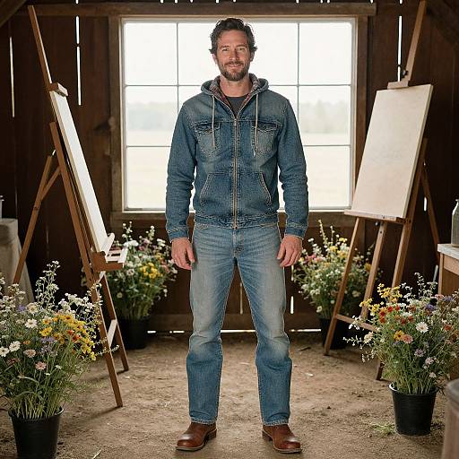 Photograph of a bearded man in a blue denim jacket and jeans standing in a rustic studio with floral arrangements and easels.