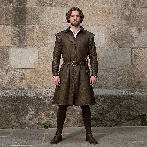 Photograph of a bearded man with curly brown hair, wearing a dark brown medieval-style coat, black pants, and boots, standing against a stone