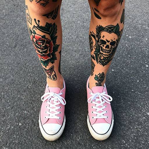 Tattooed legs in pink sneakers with white laces, standing on dark asphalt. Tattoos include skulls, roses, and a dagger. Phot