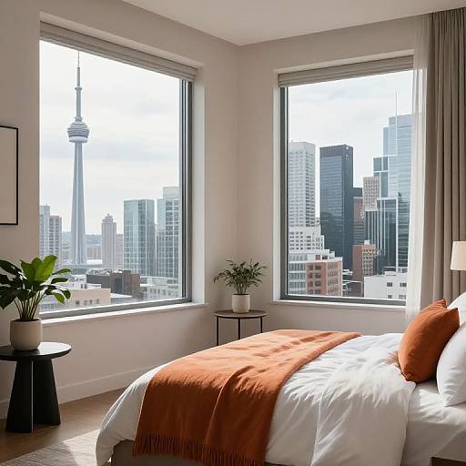 Photograph of a modern bedroom with large windows showing a cityscape, white walls, an orange blanket on a white bed, potted plants, and