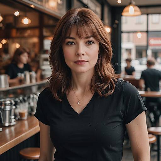 Confident Woman in Black T-Shirt at Coffee Shop