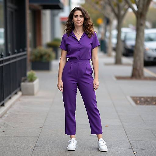 Photograph of a curly-haired woman in a purple short-sleeve button-up jumpsuit and white sneakers, standing on a city sidewalk.