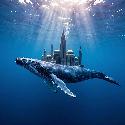 Digital artwork of a massive blue whale swimming beneath an underwater cityscape, illuminated by sunlight beams from above.