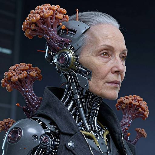 CGI image of an elderly woman with cybernetic enhancements, featuring metallic parts and organic, coral-like protrusions on her head. She wears a