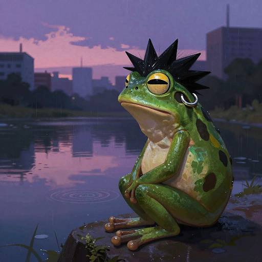 Digital artwork of a green frog with spiky black hair, yellow eyes, and silver hoop earring, sitting by a reflective purple-lit pond at