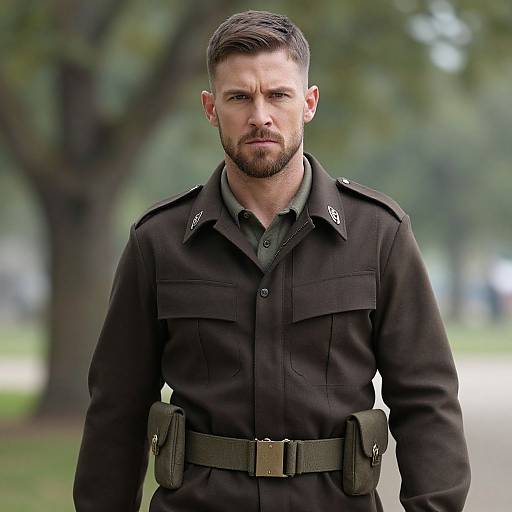 Photograph of a serious, bearded white man with short brown hair, wearing a dark green military uniform with shoulder patches and belt, standing outdoors with
