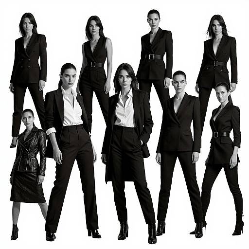 Black-and-white photograph of nine confident women in black suits, white shirts, and belts, standing in a semi-circle against a white background. They ex