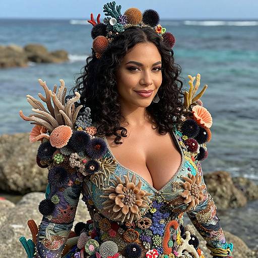 Photorealistic CGI of a curvy woman with large breasts, dark curly hair, and intricate floral and seashell-adorned dress, standing