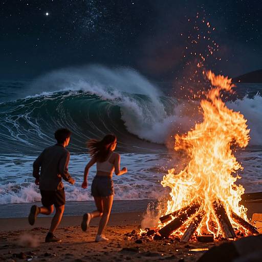Photograph of a young couple running towards a vibrant bonfire on a dark, starry beach with crashing waves in the background.