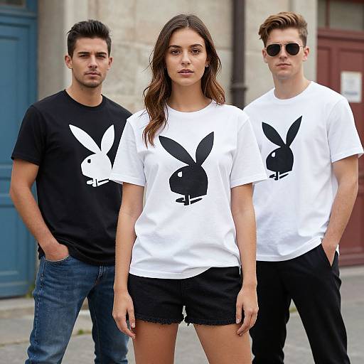 Photograph of three people standing outdoors; woman in white Playboy tee and black shorts, flanked by two men in black and white Playboy tees,