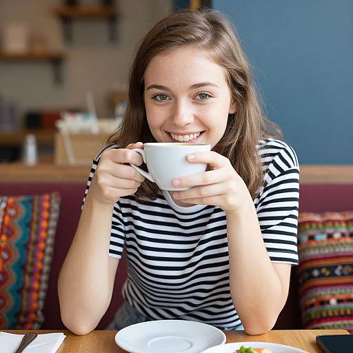 Photograph of a smiling young woman with brown hair, wearing a black-and-white striped shirt, holding a white teacup, seated at a wooden