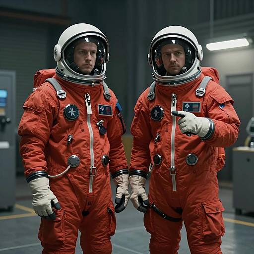 Two Men in Red Astronaut Suits in Industrial Setting