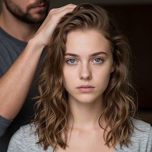 Photograph of a young woman with blue eyes, wavy brown hair, and fair skin, being gently touched by a bearded man in a dark