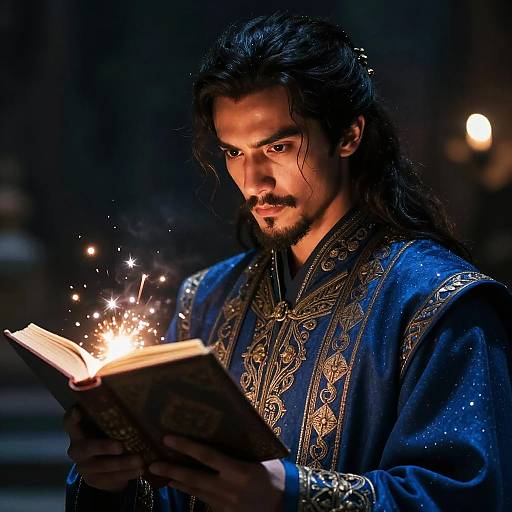 Man in Ornate Robe Reading Magical Book