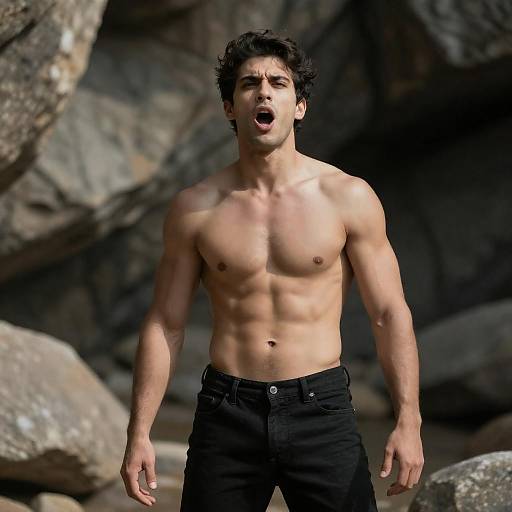 Intense Man in Rocky Cave with Sunlight