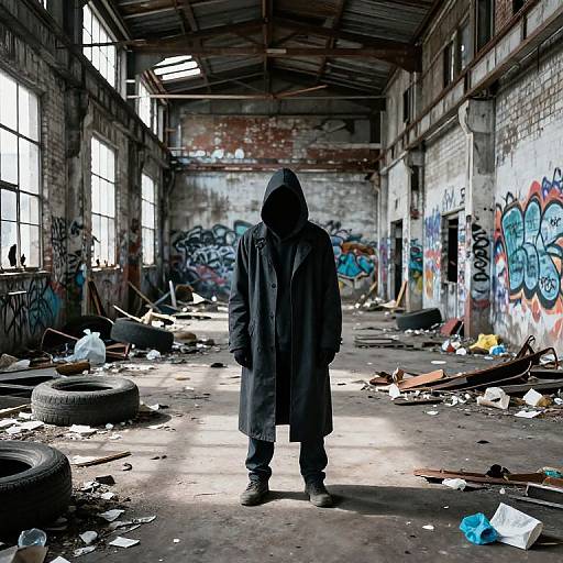 Hooded Figure in Industrial Ruins