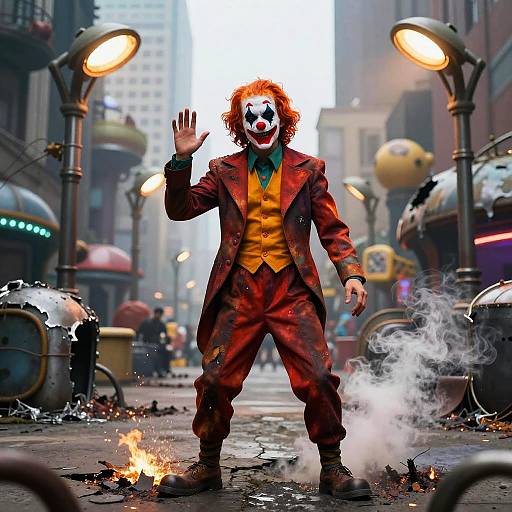 Photorealistic CGI of a clown with red hair, white face paint, and red suit, waving in a smoky, urban, dystopian street