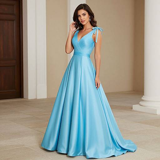 Photograph of a dark-haired woman in a floor-length, light blue, satin, V-neck ball gown with side ties, standing in a beige-w