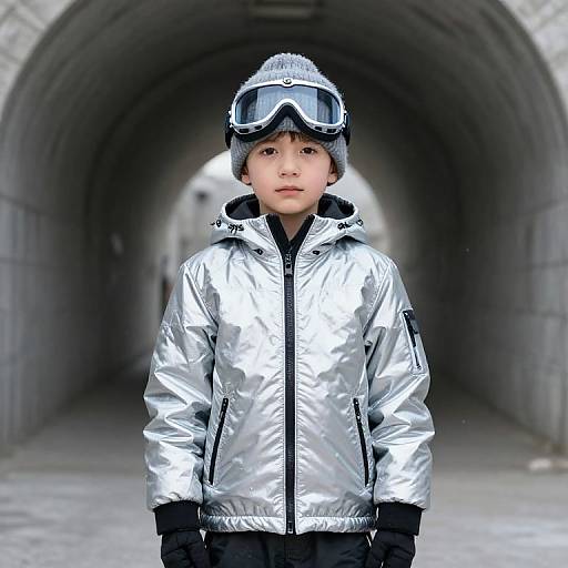 Photograph of a young boy with light skin and brown eyes, wearing a silver jacket, black gloves, gray beanie, and ski goggles, standing