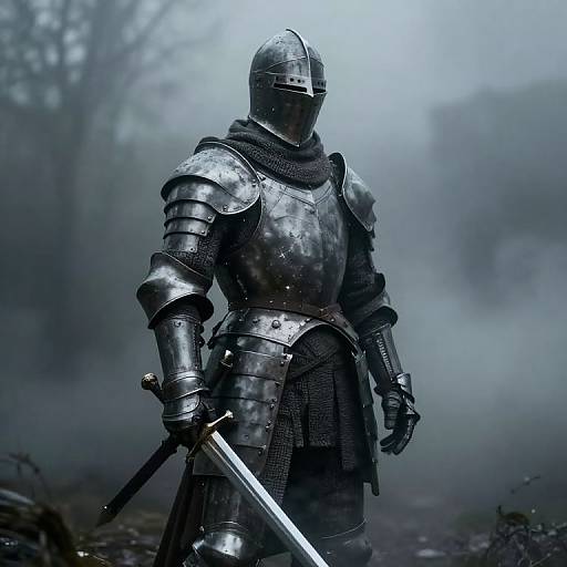 Photorealistic digital artwork of a medieval knight in full steel armor, helmet, and chainmail, holding a sword, standing in a misty,