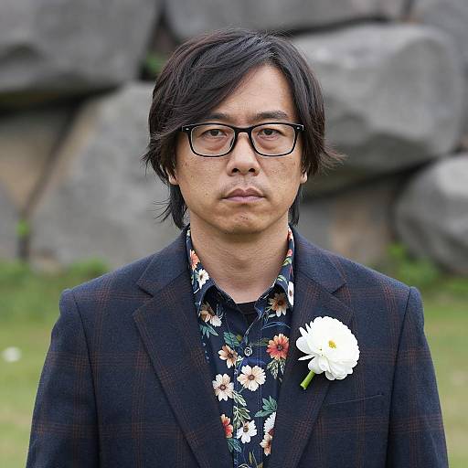 Man in Plaid Jacket with Floral Shirt