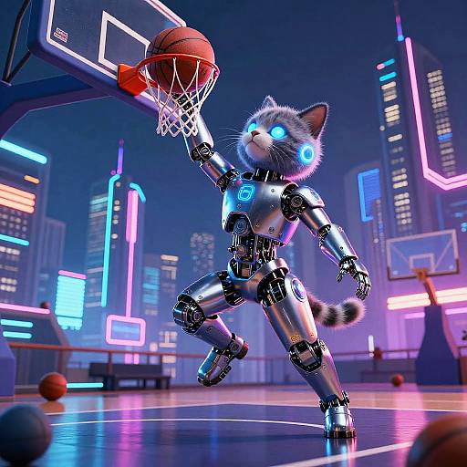 Digital CGI of a glowing blue-eyed, robotic cat shooting a basketball in a neon-lit, futuristic city gymnasium.