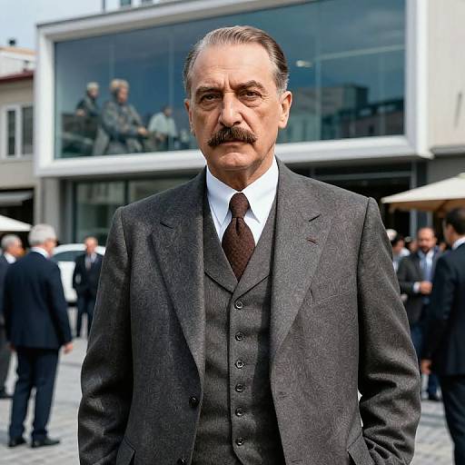Photograph of a middle-aged white man with a mustache, wearing a dark gray three-piece suit, white shirt, and brown tie, standing in