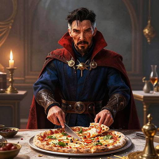 Photorealistic digital art: Dark-haired, bearded man in red and black medieval attire, with cross necklace, slices pizza in dimly lit,