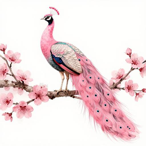Digital painting of a vibrant pink peacock with blue and white feathers, perched on a cherry blossom branch, surrounded by delicate pink flowers.