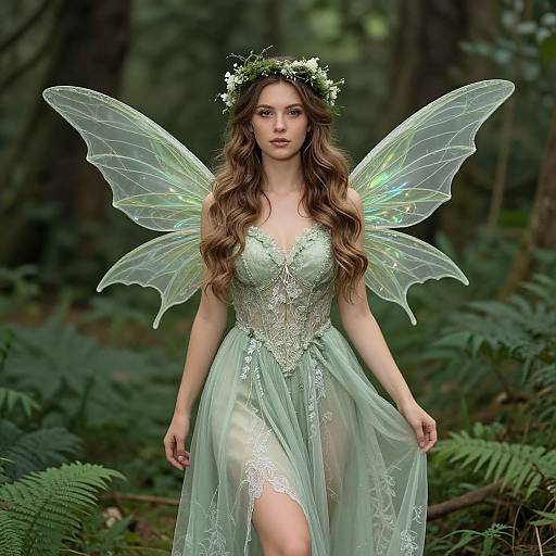 Photograph-style digital art of a fair-skinned, long-haired woman with translucent fairy wings, wearing a green, lace-trimmed, flowing dress