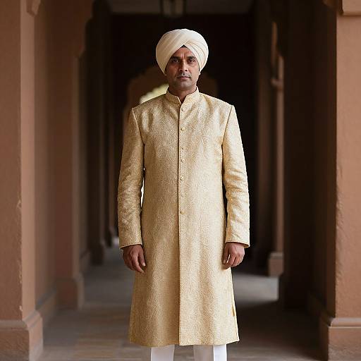 Photograph of a South Asian man in a golden embroidered kurta, white turban, standing in a dimly lit, red-walled corridor.