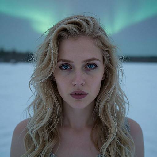 Photograph of a blonde woman with blue eyes and wavy hair, standing in a snowy landscape with green aurora lights in the background. She looks