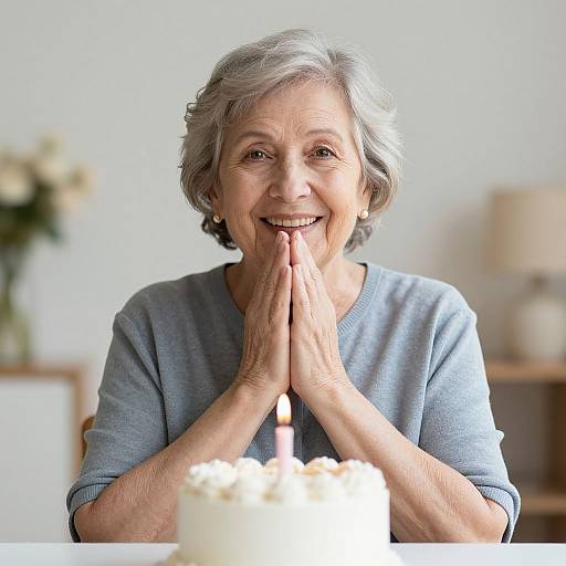 Photograph of an elderly woman with short gray hair, smiling, hands pressed together, wearing a blue shirt, in front of a candlelit cake.
