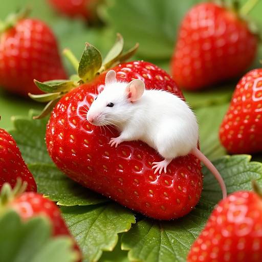 Photograph of a small white mouse with pink tail and black eyes, sitting on a bright red, juicy strawberry surrounded by green leaves and more strawberries.