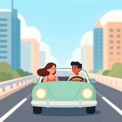 Digital illustration of a smiling couple in a light green car driving on a city highway, surrounded by tall buildings.