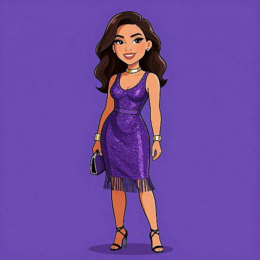 Digital illustration of a confident woman with wavy dark hair, wearing a sparkling purple dress, black high heels, and holding a purple purse, standing against