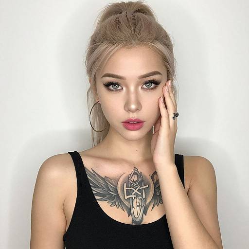 Photograph of a blonde woman with blue eyes, pink lipstick, black tank top, large hoop earrings, and a detailed chest tattoo, touching her face