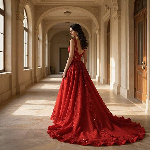 Photograph of a woman with long black hair in a backless, red, lace-embellished gown, standing in a sunlit, ar