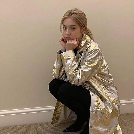 Blonde Woman in Metallic Coat Crouching