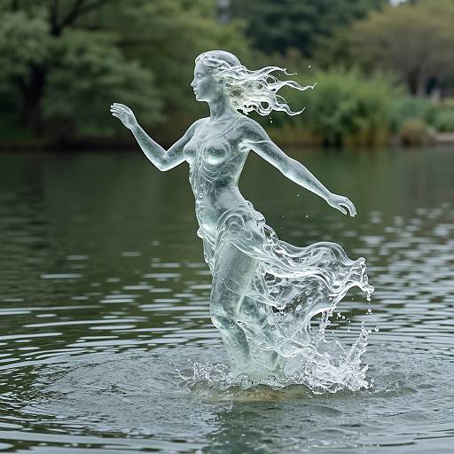Photograph of a translucent, ethereal statue of a nude, flowing woman emerging from a calm lake, surrounded by lush greenery.