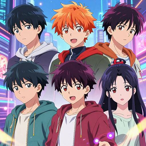 Anime-style digital illustration of six youthful characters with varied hair colors, expressions, and clothes, standing in a vibrant, neon-lit cityscape.
