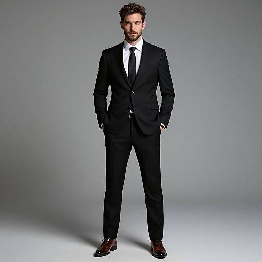 Photograph of a handsome, bearded man with short, curly brown hair, wearing a black suit, white shirt, black tie, and brown shoes