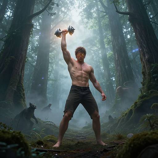 Digital artwork: Muscular, shirtless man with glowing eyes in dark shorts, raises a glowing dumbbell in a misty, forest clearing with mythical